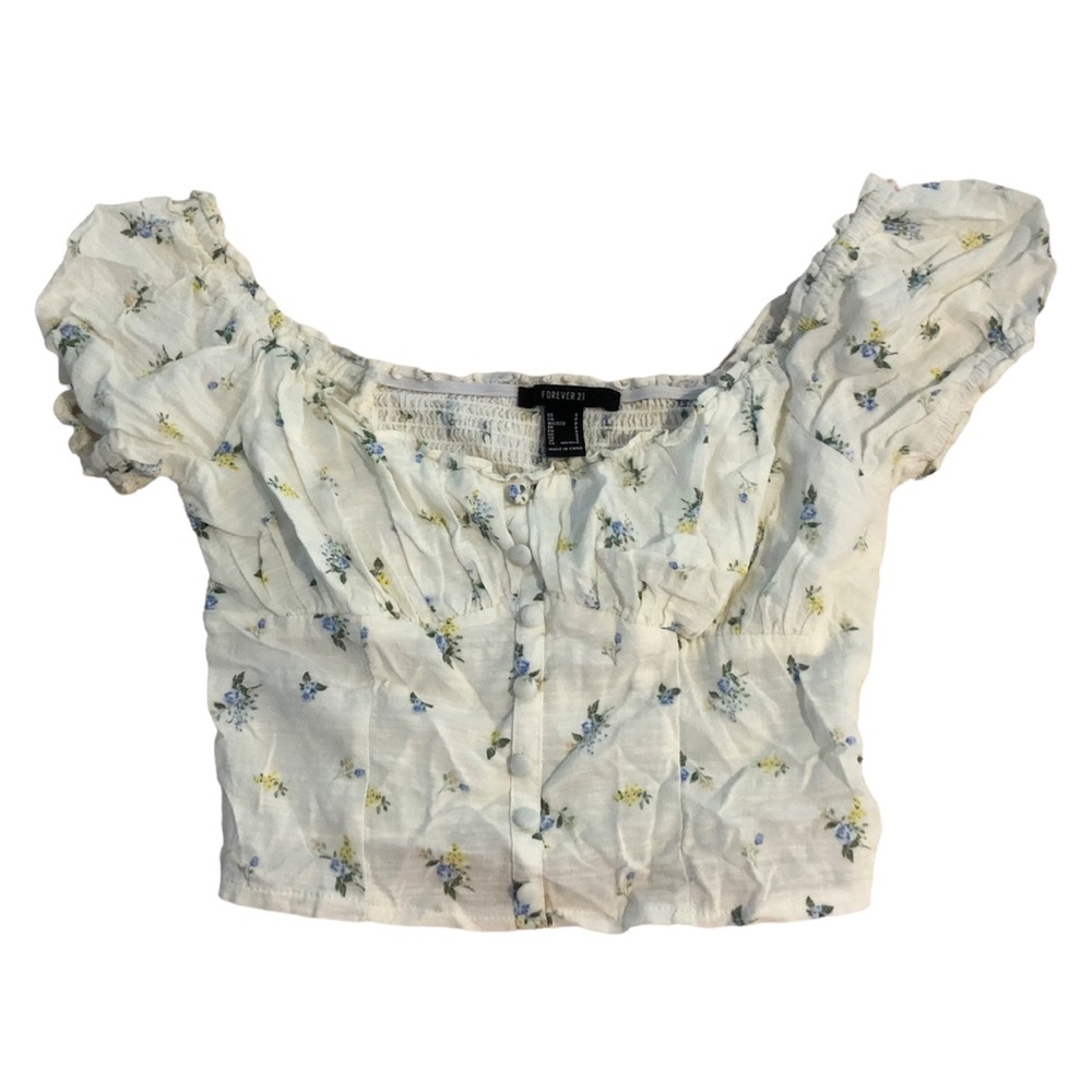Forever 21 White Floral Cropped Puff Sleeve Top 💐